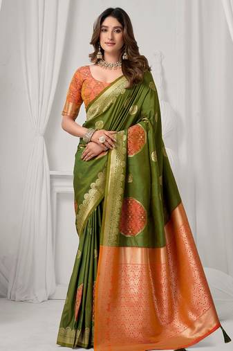 Mehendi green soft banarasi silk blend zari woven saree with blouse piece