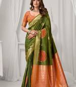 Mehendi green soft banarasi silk blend zari woven saree with blouse piece