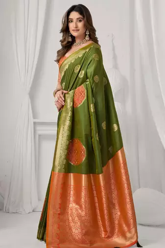 Mehendi green soft banarasi silk blend zari woven saree with blouse piece