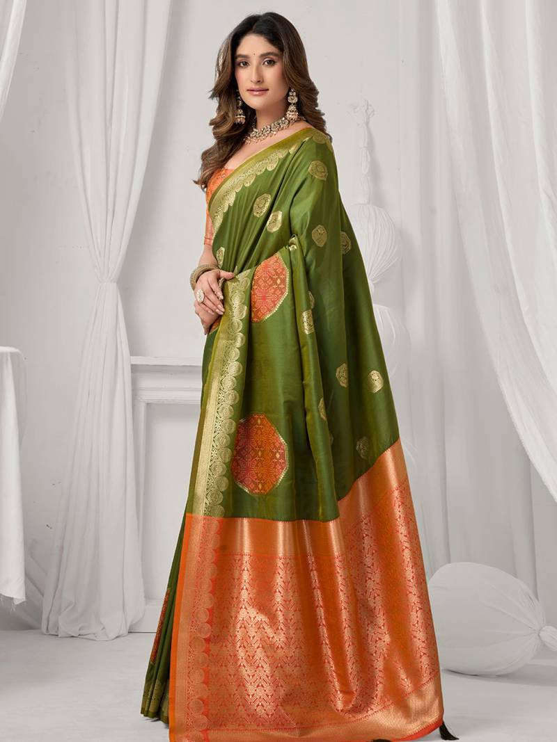 Mehendi green soft banarasi silk blend zari woven saree with blouse piece