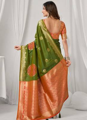 Mehendi green soft banarasi silk blend zari woven saree with blouse piece 3