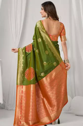 Mehendi green soft banarasi silk blend zari woven saree with blouse piece