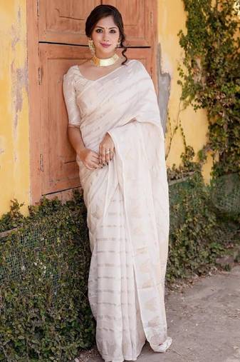 white saree with kanjeevaram woven zari pattern
