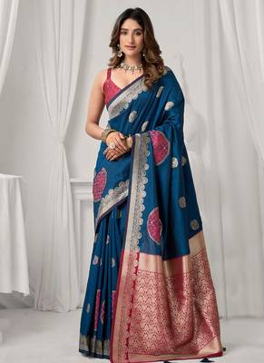 Navy blue soft banarasi silk blend zari woven saree with blouse piece 1
