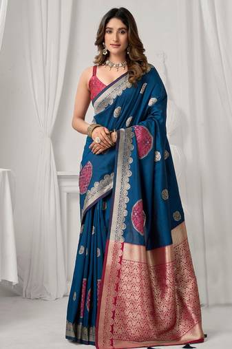 Navy blue soft banarasi silk blend zari woven saree with blouse piece