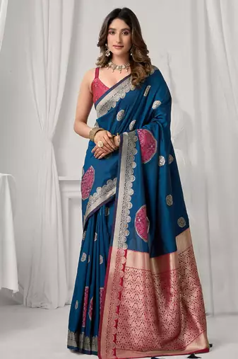 Navy blue soft banarasi silk blend zari woven saree with blouse piece