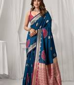 Navy blue soft banarasi silk blend zari woven saree with blouse piece