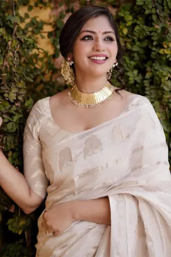 white saree with kanjeevaram woven zari pattern