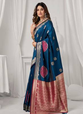Navy blue soft banarasi silk blend zari woven saree with blouse piece 2