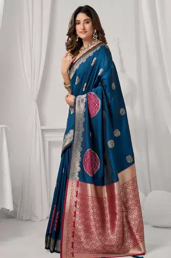 Navy blue soft banarasi silk blend zari woven saree with blouse piece