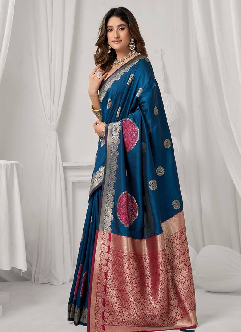Navy blue soft banarasi silk blend zari woven saree with blouse piece