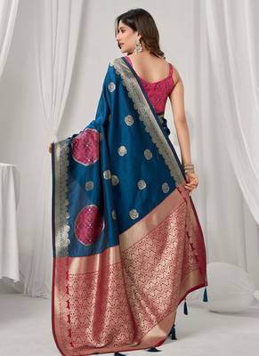 Navy blue soft banarasi silk blend zari woven saree with blouse piece 3