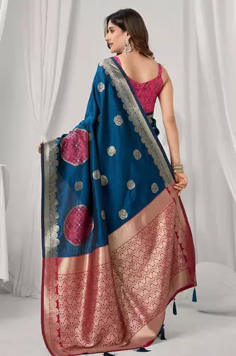 Navy blue soft banarasi silk blend zari woven saree with blouse piece