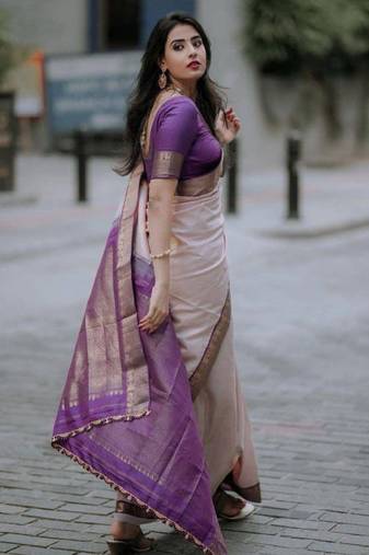 cream saree with kanjeevaram woven zari pattern