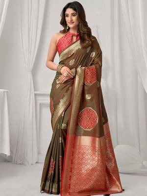Brown soft banarasi silk blend zari woven saree with blouse piece 1