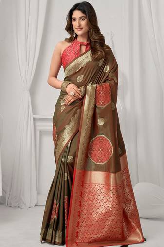 Brown soft banarasi silk blend zari woven saree with blouse piece