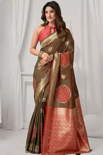 Brown soft banarasi silk blend zari woven saree with blouse piece