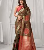 Brown soft banarasi silk blend zari woven saree with blouse piece