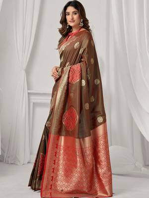 Brown soft banarasi silk blend zari woven saree with blouse piece 2