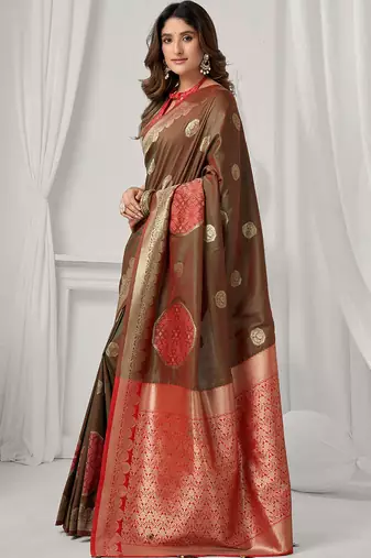 Brown soft banarasi silk blend zari woven saree with blouse piece