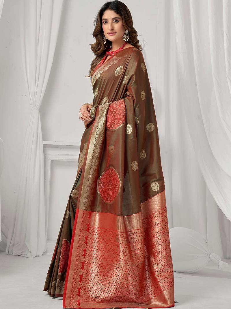 Brown soft banarasi silk blend zari woven saree with blouse piece