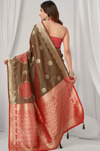 Brown soft banarasi silk blend zari woven saree with blouse piece
