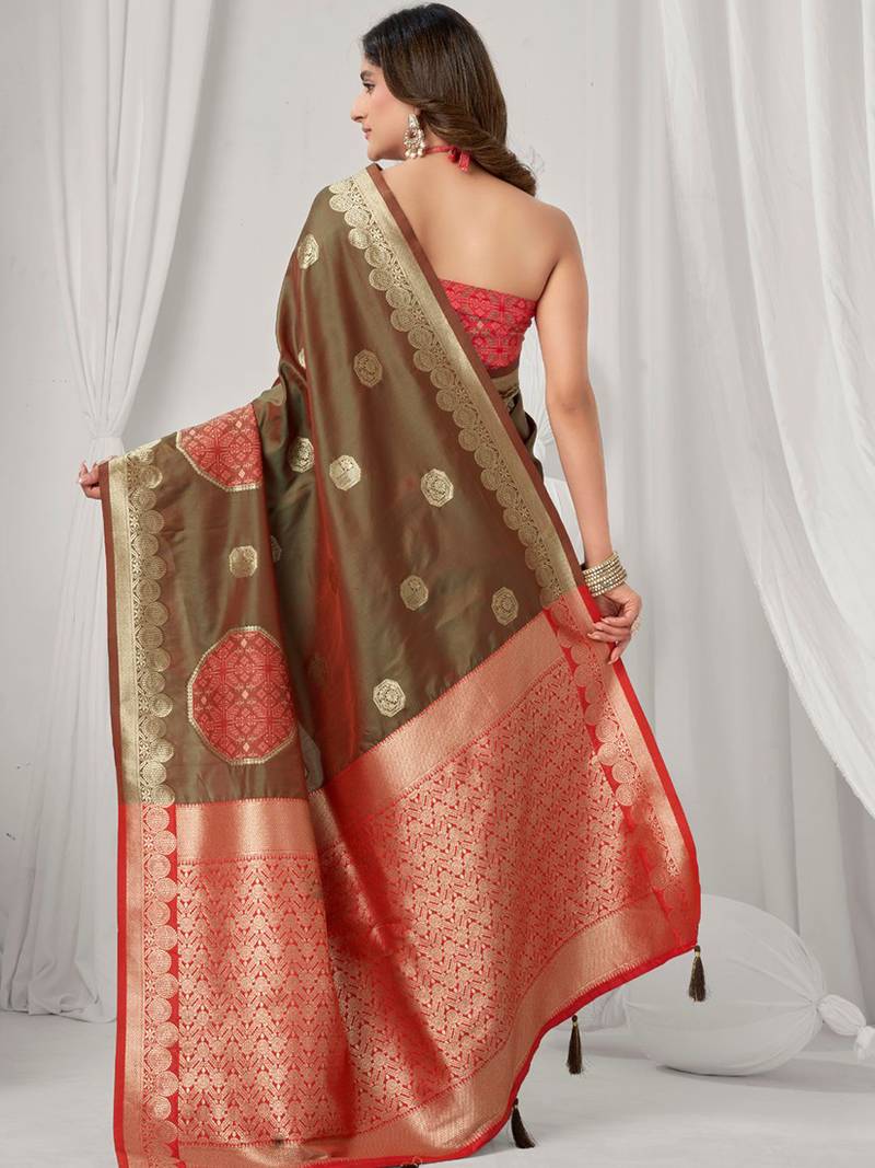 Brown soft banarasi silk blend zari woven saree with blouse piece