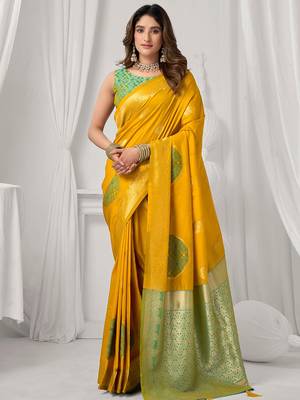 Mustard soft banarasi silk blend zari woven saree with blouse piece 1