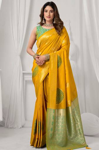 Mustard soft banarasi silk blend zari woven saree with blouse piece