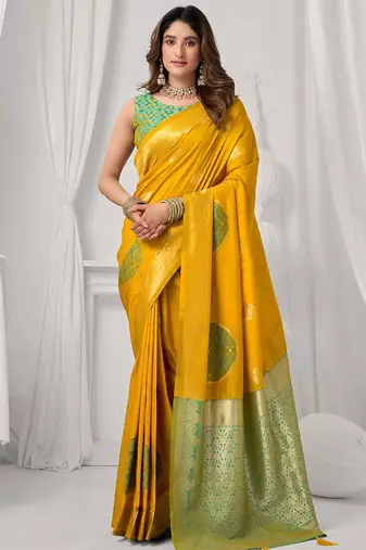 Mustard soft banarasi silk blend zari woven saree with blouse piece