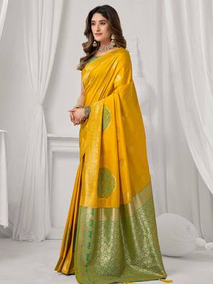 Mustard soft banarasi silk blend zari woven saree with blouse piece 2