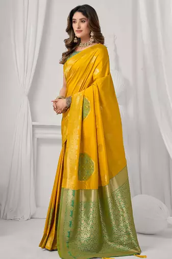 Mustard soft banarasi silk blend zari woven saree with blouse piece