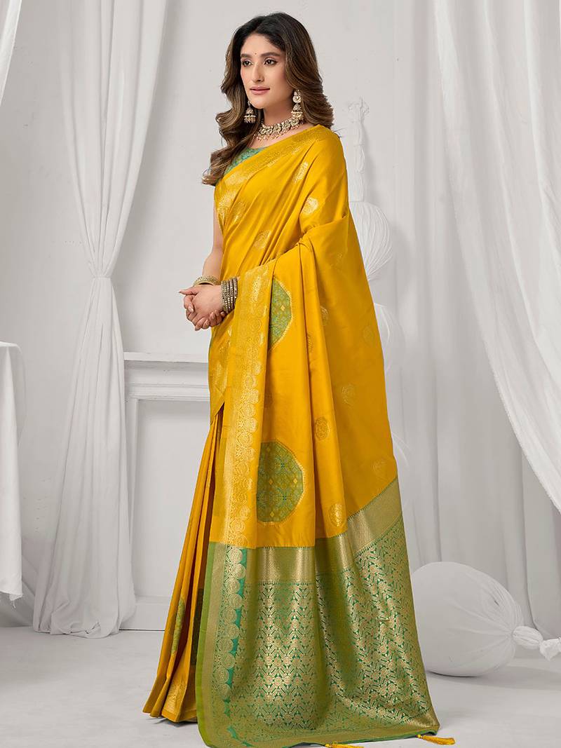 Mustard soft banarasi silk blend zari woven saree with blouse piece