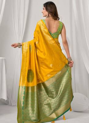 Mustard soft banarasi silk blend zari woven saree with blouse piece 3