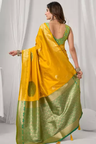 Mustard soft banarasi silk blend zari woven saree with blouse piece