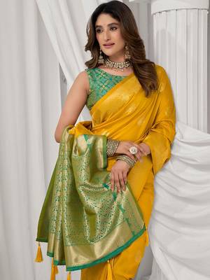Mustard soft banarasi silk blend zari woven saree with blouse piece 4