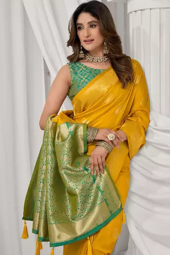 Mustard soft banarasi silk blend zari woven saree with blouse piece