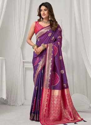Violet soft banarasi silk blend zari woven saree with blouse piece 1