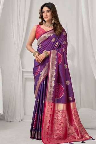 Violet soft banarasi silk blend zari woven saree with blouse piece