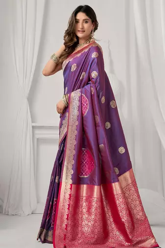 Violet soft banarasi silk blend zari woven saree with blouse piece