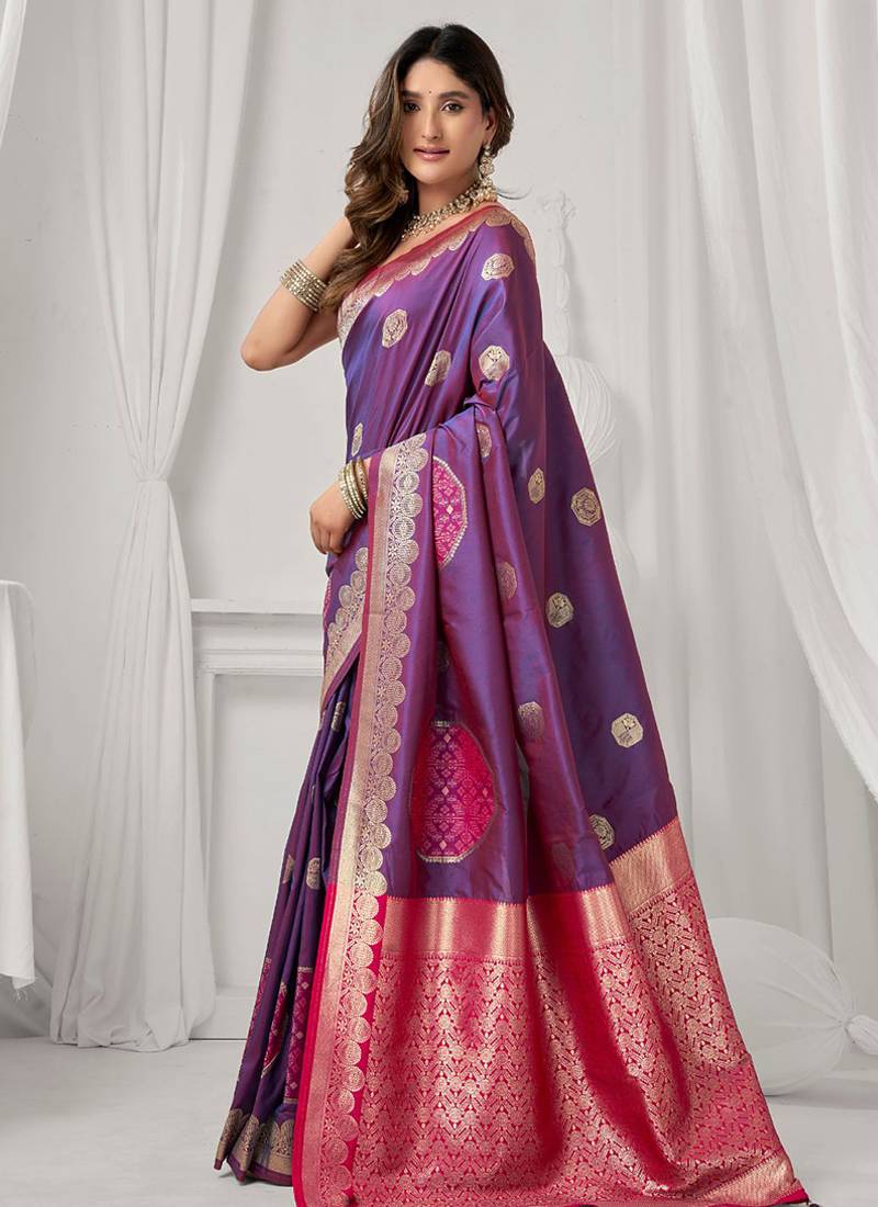 Violet soft banarasi silk blend zari woven saree with blouse piece