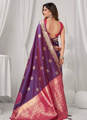 Violet soft banarasi silk blend zari woven saree with blouse piece 3