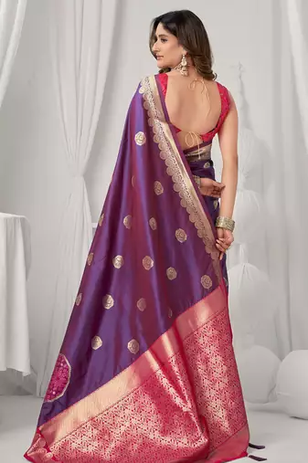 Violet soft banarasi silk blend zari woven saree with blouse piece