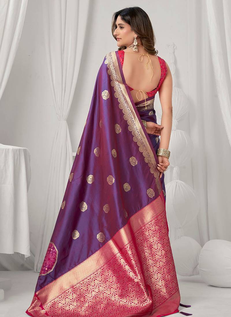 Violet soft banarasi silk blend zari woven saree with blouse piece