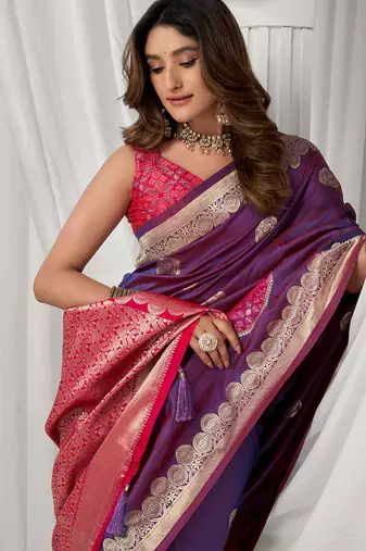 Violet soft banarasi silk blend zari woven saree with blouse piece