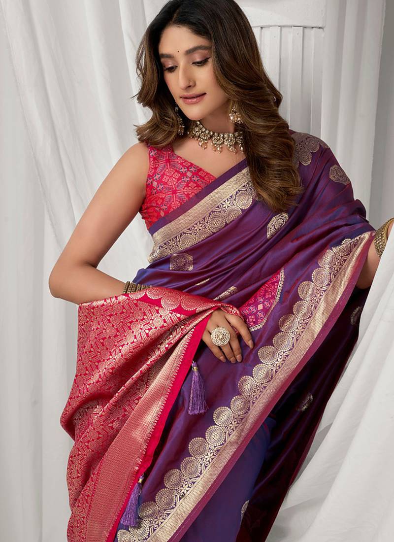 Violet soft banarasi silk blend zari woven saree with blouse piece
