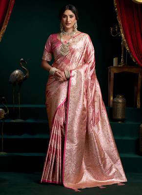 Pink soft banarasi satin silk with gold zari saree with blouse piece 1