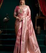 Pink soft banarasi satin silk with gold zari saree with blouse piece