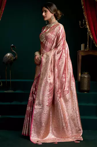 Pink soft banarasi satin silk with gold zari saree with blouse piece