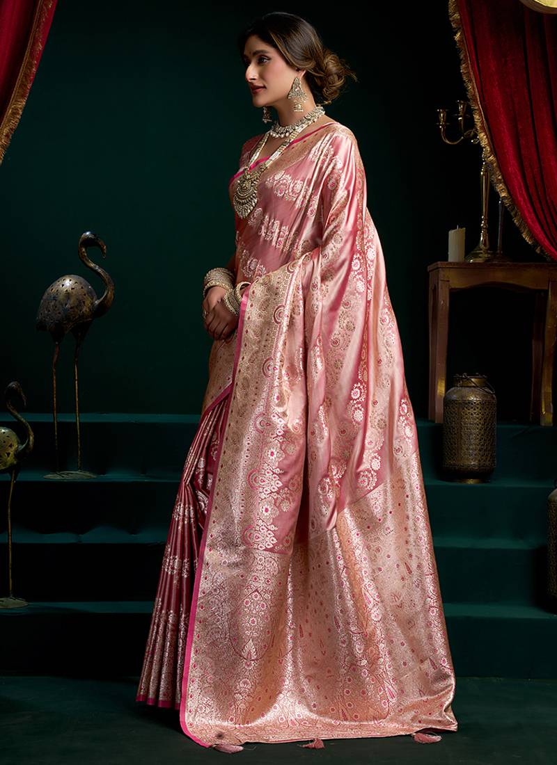 Pink soft banarasi satin silk with gold zari saree with blouse piece